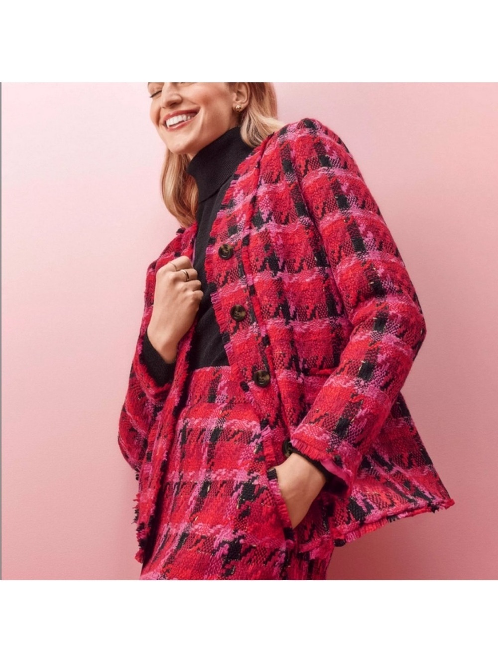 Ann Taylor Pink Multi Houndstooth Tweed Long Cardigan Jacket Size 00P
